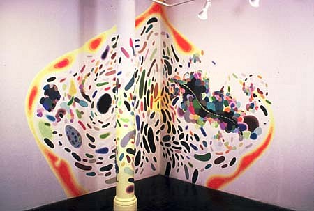 Eric Hongisto
Equilibrium, 2001
acrylic, gouache and latex paint on column and walls with encaustic spheres, 144 x 192 inches