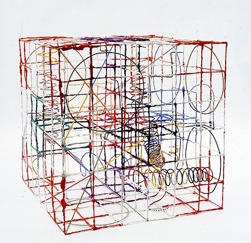 Alan Shields
Internal Affairs Around the Box, 2003
watercolor on cotton pulp dipped galvanized steel wire, stainless steel wire, brass wire and Dacron fishing line with glass beads, 24 x 24 x 24 in.
Photo: Gary Mamay