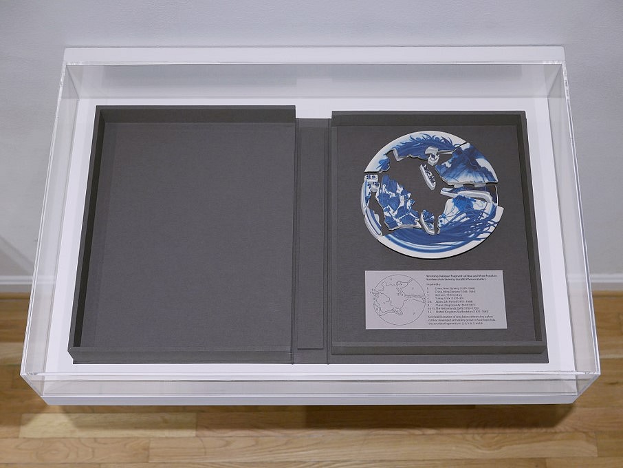 Bundith Phunsombatlert
Returning Dialogue: Fragments of Blue and White Porcelain (Southeast Asia Series), 2019
Drawing and images digitally transfer on porcelain displayed in an archival clamshell box, 16 x 27 x 2 in.