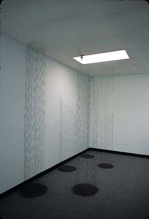 Lorraine Weglarz
Here and There, 2008
grey painted wall, black sand, monofilament, 108 x 180 x 144 inches