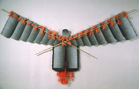 Dolly Unithan
Birdman, 1987
print on paper, canvas, twine, dye, wax, 188 x 48 x 30 inches