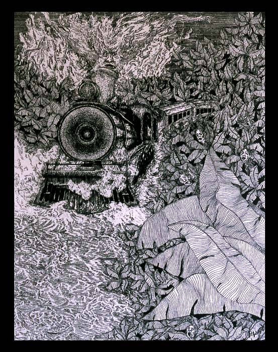 Pedro Villalba Ospina
One Hundred Years of Solitude in Etching-Chapter XV, Etching 90, 1996-2002
etching (copper, zinc), 10 x 8 inches
"'there were more than three thousand of them,' was all that jose arcadio segundo said. 'I'm sure now that they were everybody who had been at the station.'"