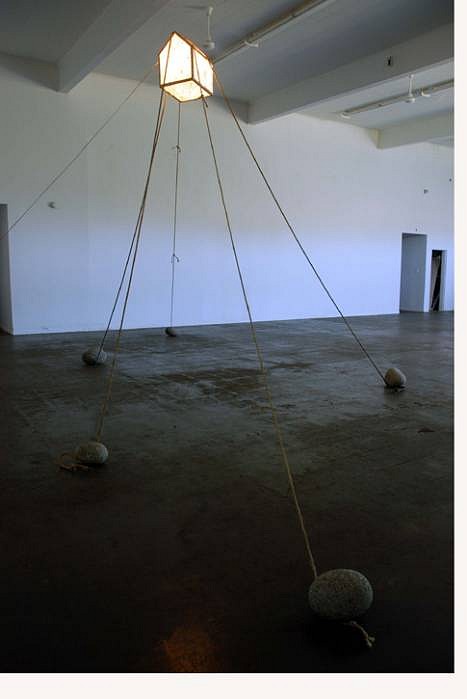 Donald Maynard
Maintaining Gravity, 2008
wood, lace, steel rebar, 60 watt incandescent, rope, stone, 162 x 216 x 348 inches