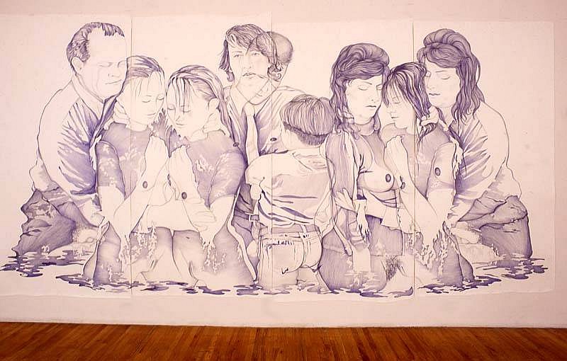 Marlene McCarty
Backyard Baptism, The Borden family with David, Sunday, November 13, 2005, Lititz, Pennsylvania, 2006 - 2007
graphite and ballpoint pen on paper, 114 x 220 inches