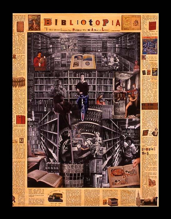 Deborah Lawrence
Bibliotopia, 2006
acrylic, collage and varnish on rag paper, board and frame, 38 1/2 x 30 1/2 inches
'I have always imagined that Paradise will be a kind of library.' Text by Jorge  Luis Borges