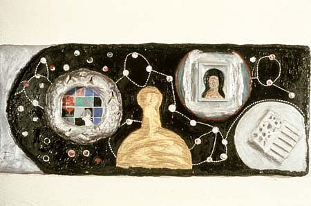 Lanie Lee
Stellular Storyboard, 1985
oil on wood, celluclay, 17 1/2 x 43 x 3 inches