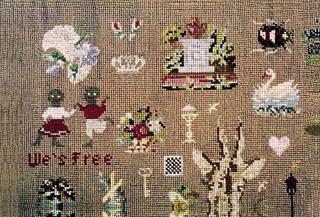 Zoe Leonard
For Which It Stands (detail), 2003
32 postcards (mutliples, steel postcard rack, plexiglass and wood money box, dimensions variable
Embroidered Firescreen (detail), c. 1882 - 1883