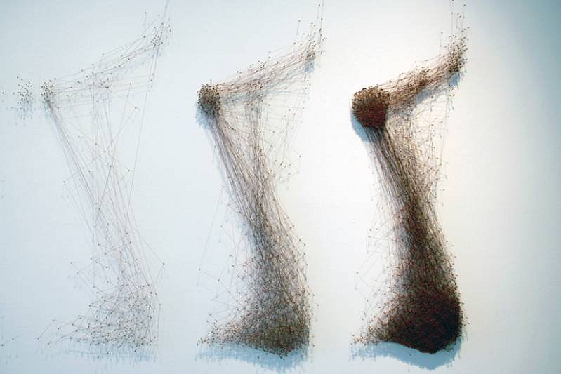 Katie Lewis
Tangled Pathways, 2006
enamel, pins, thread, 49 x 106 x 1 1/2 inches