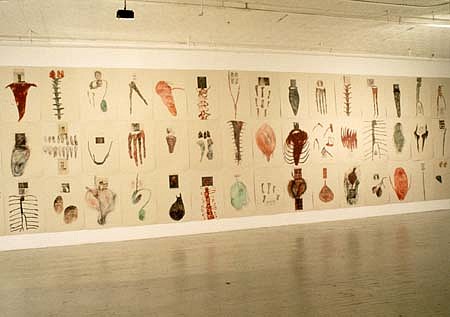 Shelagh Keeley
From a Secret Language, 1993
wax, pigment, pencil, charcoal, crayon, gouache and pastel on grey BKF paper, 30 x 40 inches
48 drawings on one wall