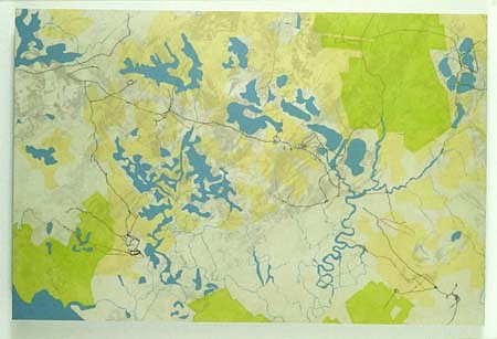 Roy Kinzer
Dividing Creek, NJ, 2001
acrylic, collaged map on wood panel, 32 x 48 inches