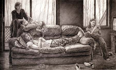 Edgar Jerins
Adam Bomb, Claire, Darian, and Blaze
charcoal on paper, 60 x 103 inches