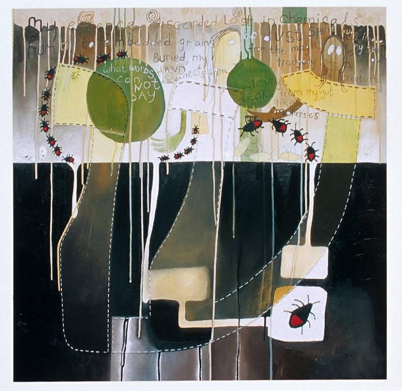 Carol Es
Head in the Soul, 2008
oil, hand-cut paper patterns, pencil, thread, embroidery on canvas, 30 x 30 inches