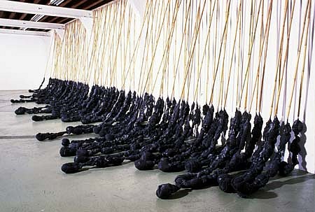 François Daireaux
Untitled, 1999
lycra, silicone, lead powder, bamboo, 590 x 120 x 120 inches
