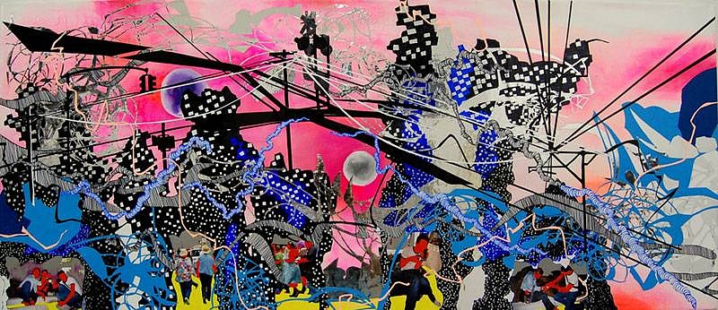 Priscila De Carvalho
Crossing Tracks, 2007
acrylic, photograph collage, sharpie, urethane on canvas, 22 x 52 inches