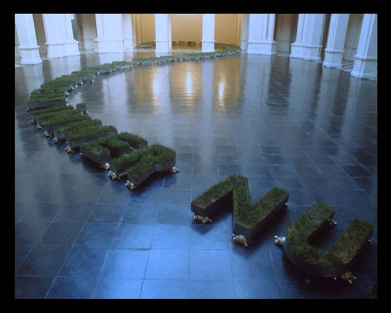 Gonzalo Diaz
Tratado del Entendimiento Humano, 2001
metal letters, grass and bronze tortoises, variable dimensions
installation