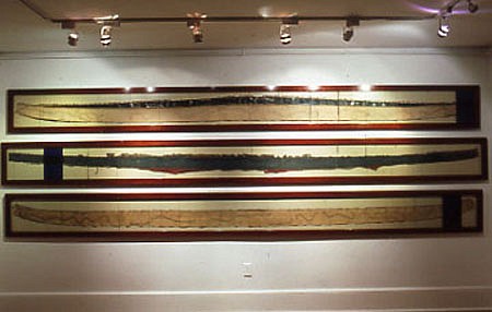 Cynthia Coulter
Canoe Fragments with Landscape and Ivy Drawings, 2001
canvas canoe skin fragments, oak frames, antique window panes (including cobalt glass), carpet tacks, oil, graphite, 15 x 174 x 1 inches