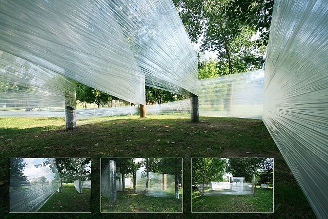 Lishan Chang
LC Space, 2007
recycled wooden poles, trees, plastic stretch wrap, dimensions variable