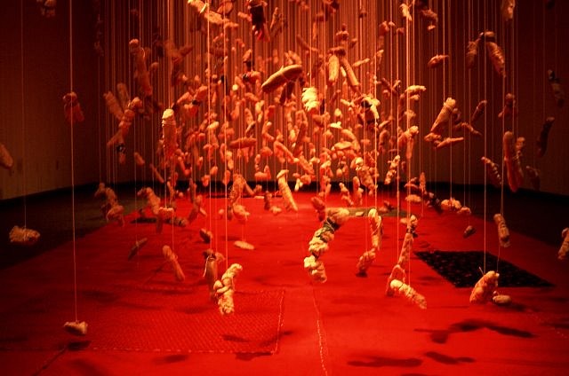 J.Jaia Chen
Red Tiles - Part 2, 2000
dough, dyed red cloth, 420 x 576 in.