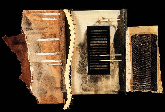 Crystal Cawley
Dinosaur Triptych, 2005
book parts, copper wire, tacks, paper, beeswax, 11 x 17 in. (27.9 x 43.2 cm)