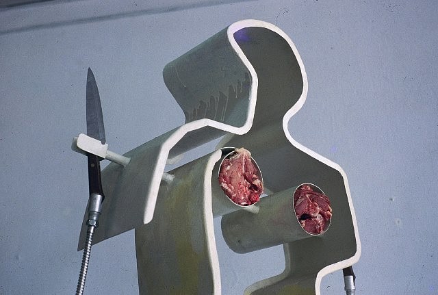 Yoan Capote
Flesh, 1998
metal, enamel, ham or salami, knives, 83 x 33 1/2 x 10 in.
detail