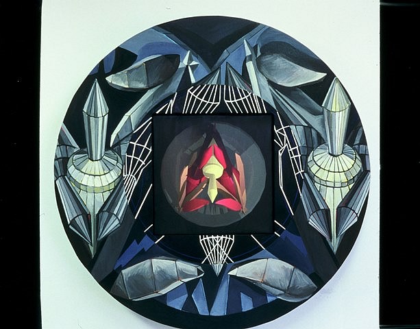Jessica Gondek
Heart Dart 2, 2004
oil on canvas and digital print, 46 inches in diameter