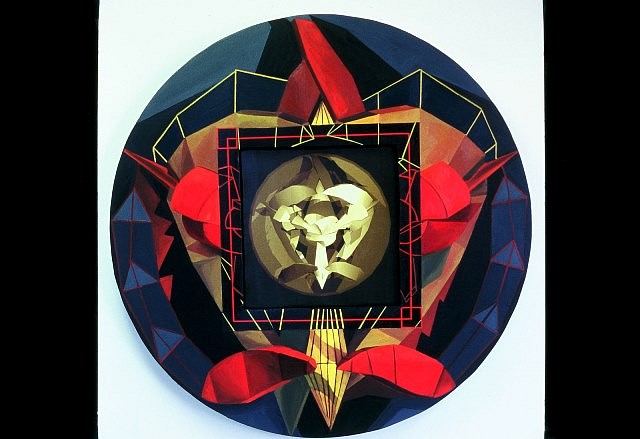 Jessica Gondek
Heart Dart 1, 2004
oil on canvas and digital print, 46 inches in diameter