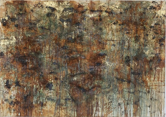 Tamas Kopasz
Fragments from the Golden Age No. 1, 1985
bronze dust, bronze, acid on canvas, 165 x 235 cm