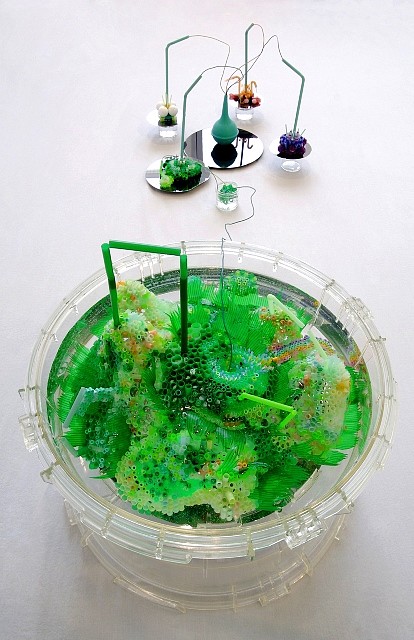 Annie Varnot
Varian Sea, 2006
plastic drinking straws, sushi grass, Pearler Beads, color coated wire, silica disks, pompoms, Styrofoam balls, Q-tips, plastic containers, water, 50 x 17 x 18 in.