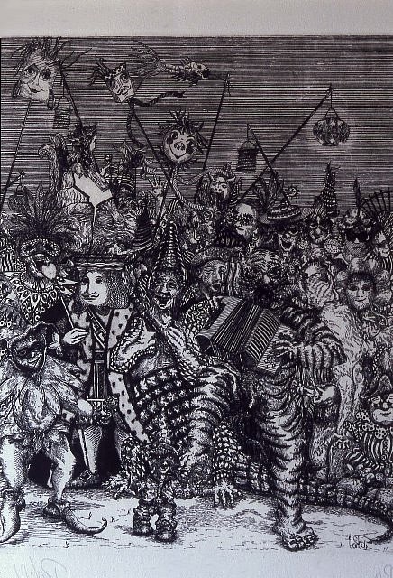 Pedro Villalba Ospina
One Hundred Years of Solitude in Etching, Chapter X - Suddenly, During the Paroxysm of the Celebration, Someone Broke the Delicate Equilibrio, 1996-2007
etching, 20 x 14 in.