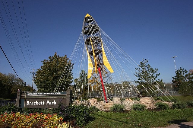 Randall Walker
Return Journey, 2007
historic playground structure, steel cable, aluminum, landscaping, 384 x 528 x 480 in.