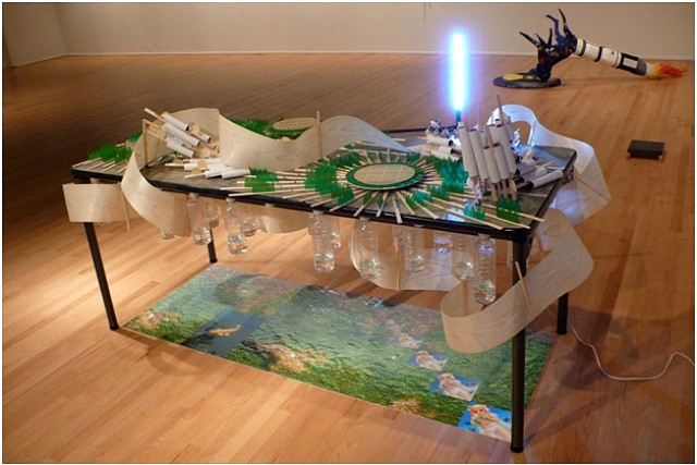 Bradley Wester
Shirakawa, 2008
chopsticks, sushi grass, cardboard tubes, bamboo, paper-thin wood, plastic bottles, water, digital print, paint, led lamp, size variable
drawing/ sculpture installation