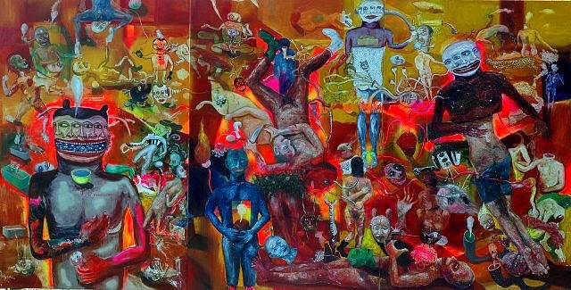 Entang Wiharso
Connection, 2007
oil, acrylic, spray paint, ink on canvas, 114 x 220 in.