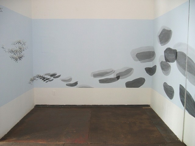 Katerina Wong
...like clouds, 2004
wax casts of fingerprints, sumi ink, powdered graphite on painted wall, 144 x 144 x 120 in.
site-specific installation at the Kentler International Drawing Center, Brooklyn, NY, View of wax casts and shadows
