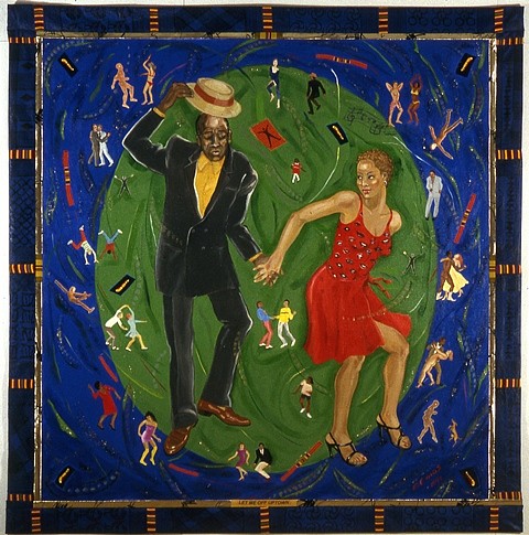 Emma Amos
Let Me Off Uptown, 2000
oil and photo transfer onlinen with African fabric borders, 80 1/2 x 78 in.