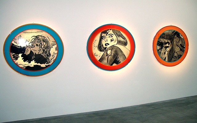 Dara Birnbaum
Quiet Disaster, 1999
Installation - 3 plexiglass panels with duratrans prints, Each panel is 4' in diameter