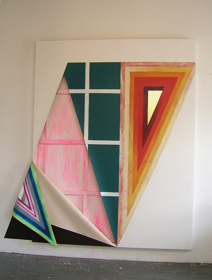 Sarah Cain
Untitled (Houston), 2010
silver leaf, gold leaf, acrylic and gouache paint on canvas, stretcher bars and wall, 103 x 90 in.
