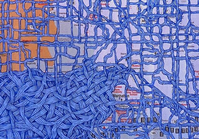 Mel Watkin
Waterworks: Kansas (Detail), 2005
pen, acrylic, on a road map of Kansas, 19 3/4 x 36 in.