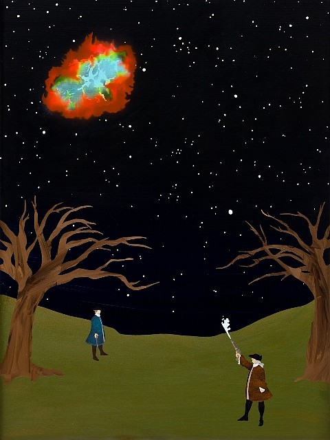 Ben White
A Startled Hamilton Throws Away his Fire at a Suddenly Appearing Crab Nebula, 2009
acrylic on panel, 30 x 40 in.