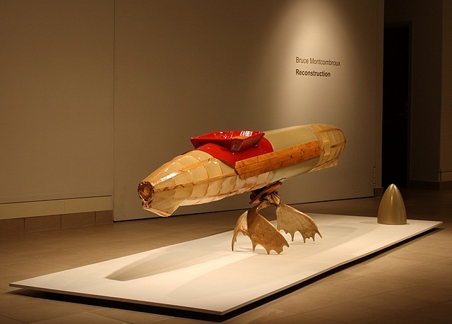 Bruce Montcombroux
Rideau Cruise: Golden rack moose hunting while wondering if you can eat an Eskimo roll and where is the last Avro all the while Peter Greyson was painting the only "good copy of the Charter" red because of tests out of Cold Lake then figured it better sto, 2009
oak, plywood, nylon cloth and varnish, ventilation tube, cardboard, moose antlers, auto body filler and enamel paint, 110 x 30 x 12 in.