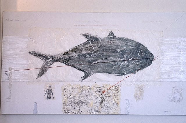 Frank Leon
Hari Trip #98, 1999
gyotaku-crevalle jack (fish print) on rice paper, acrylic, graphite, watercolor on canvas, 28 x 50 in.