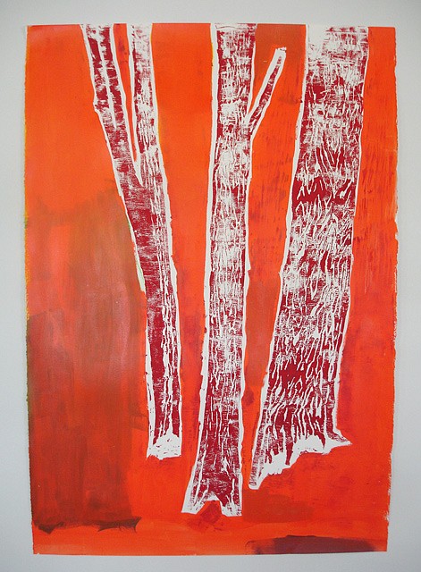 Meghan Gerety
Red on Orange Trees, 2012
block print ink and acrylic on paper, 40 x 30 in.