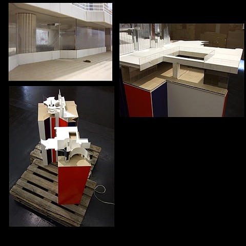 Larissa Fassler
Les Halles (tricolore), 2011
cardboard, tape, plexiglass, mirror, paint, glue, wood, sound (MPX player and speaker), power cable and pallets, 5�??3�?� x 4�??5�?� x 5�??0�?�