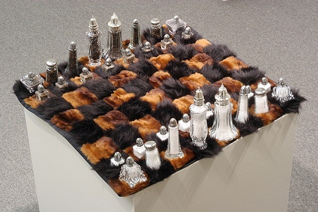 Mildred Howard
Meret, 2007
Assemblage: hand sewn fake fur, glass salt & pepper shakers, 7 x 22 x 24 in.