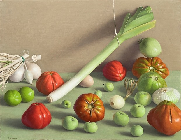 Amy Weiskopf
Still Life with Tomatoes, Green Apples and Leek, 2010
oil on linen, 13 3/4 x 17 3/4 in.