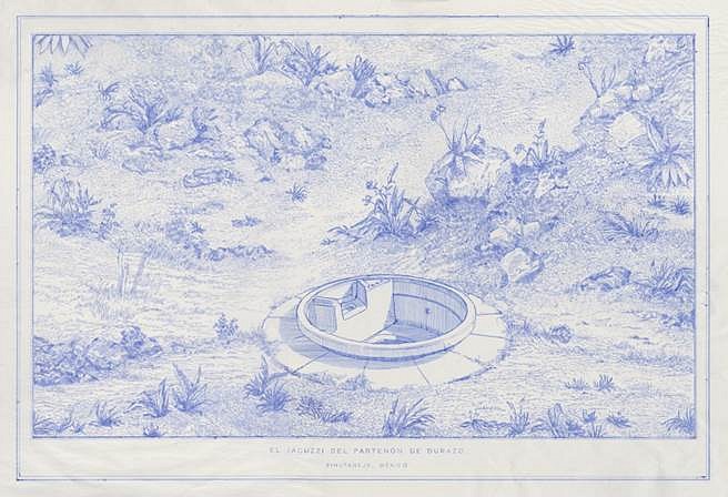 Virginia Colwell
The Jacuzzi at Duraza's Acapulco Parthenon, 2013
Archival ballpoint pen on handmade tissue paper, 14 x 21 in.