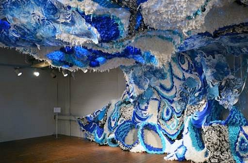 Crystal Wagner
Deluge, 2014
Table cloth, chicken wire, relief print, screen print, monoprint, cut paper, mylar, 360 x 180 x 540 in.