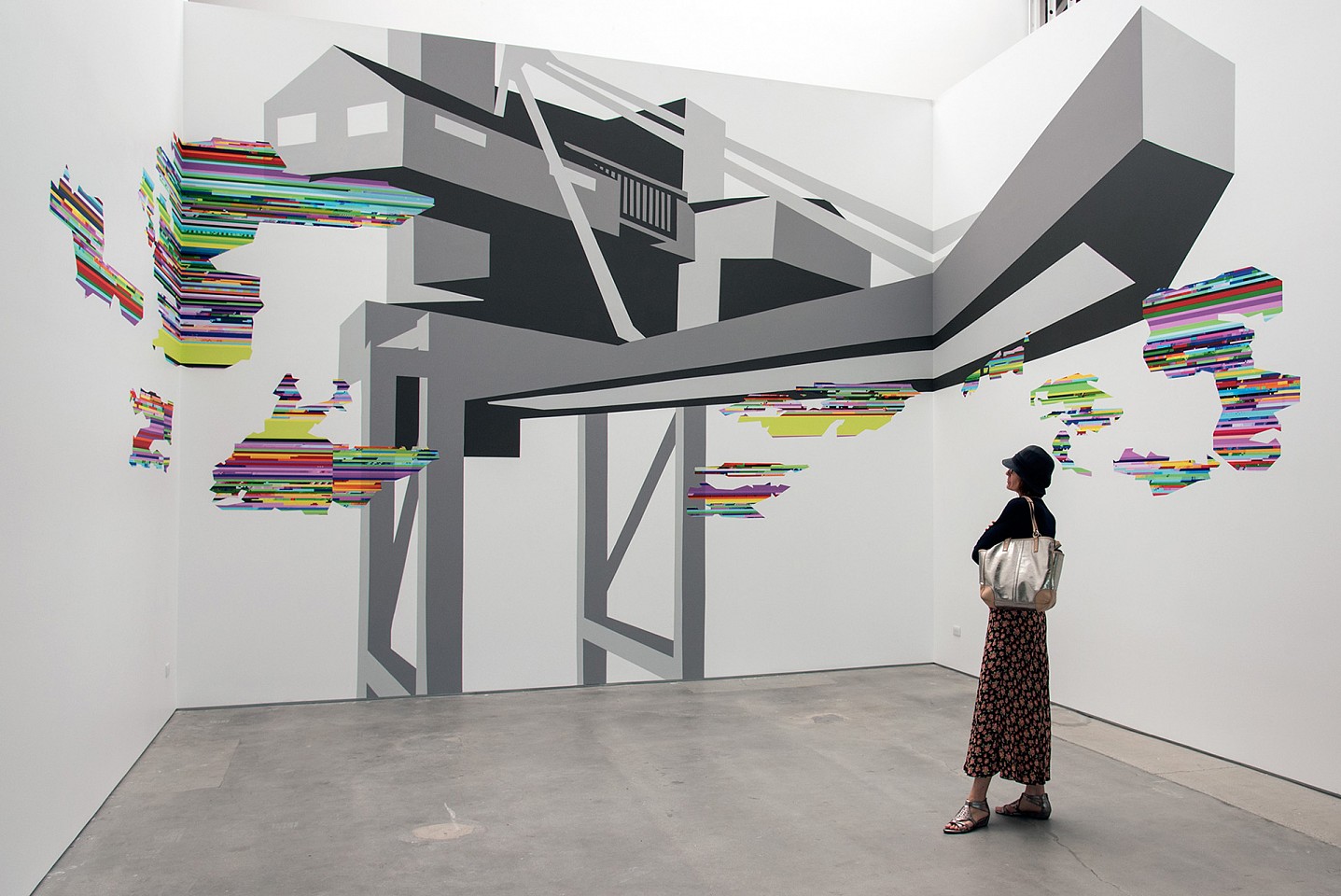 Joelle Dietrick
Cargomobilities (Los Angeles), 2015
House paint and printed terylene on three walls at Art Center College of Design, 40 x 60 feet