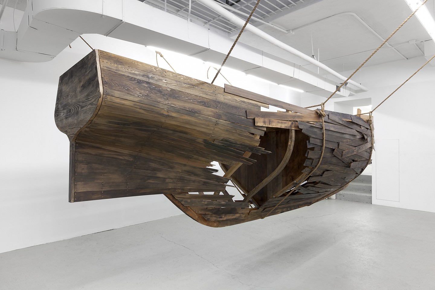 Liz Glynn
Vessel (Ravaged, Looted & Burned), 2013
Hardwood, (Ash and Western Red Cedar) with bronze and steel hardware, rope, 86 x 246 x 73 in.