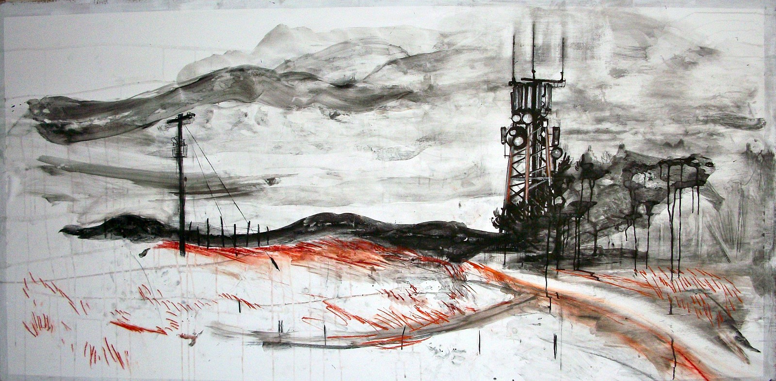 Andy Parsons
Landscape With Mobile Mast, 2011-12
charcoal, chalk, ink, conte crayon on gessoed paper, 48 x 106 in.