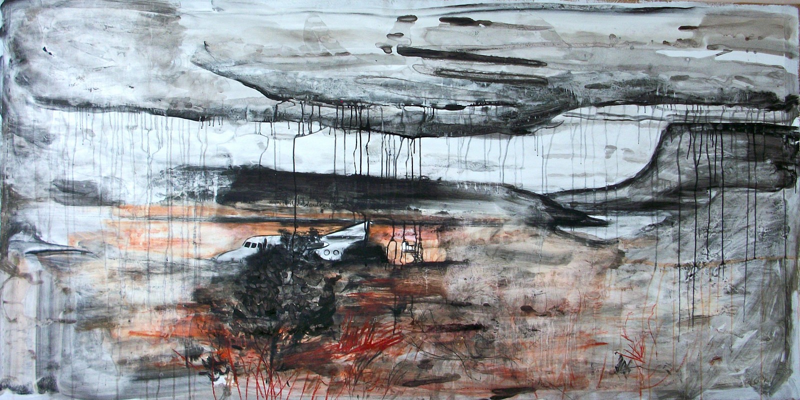 Andy Parsons
Landscape With Downed Plane, 2011-12
charcoal, chalk, ink, conte crayon on gessoed paper, 48 x 106 in.